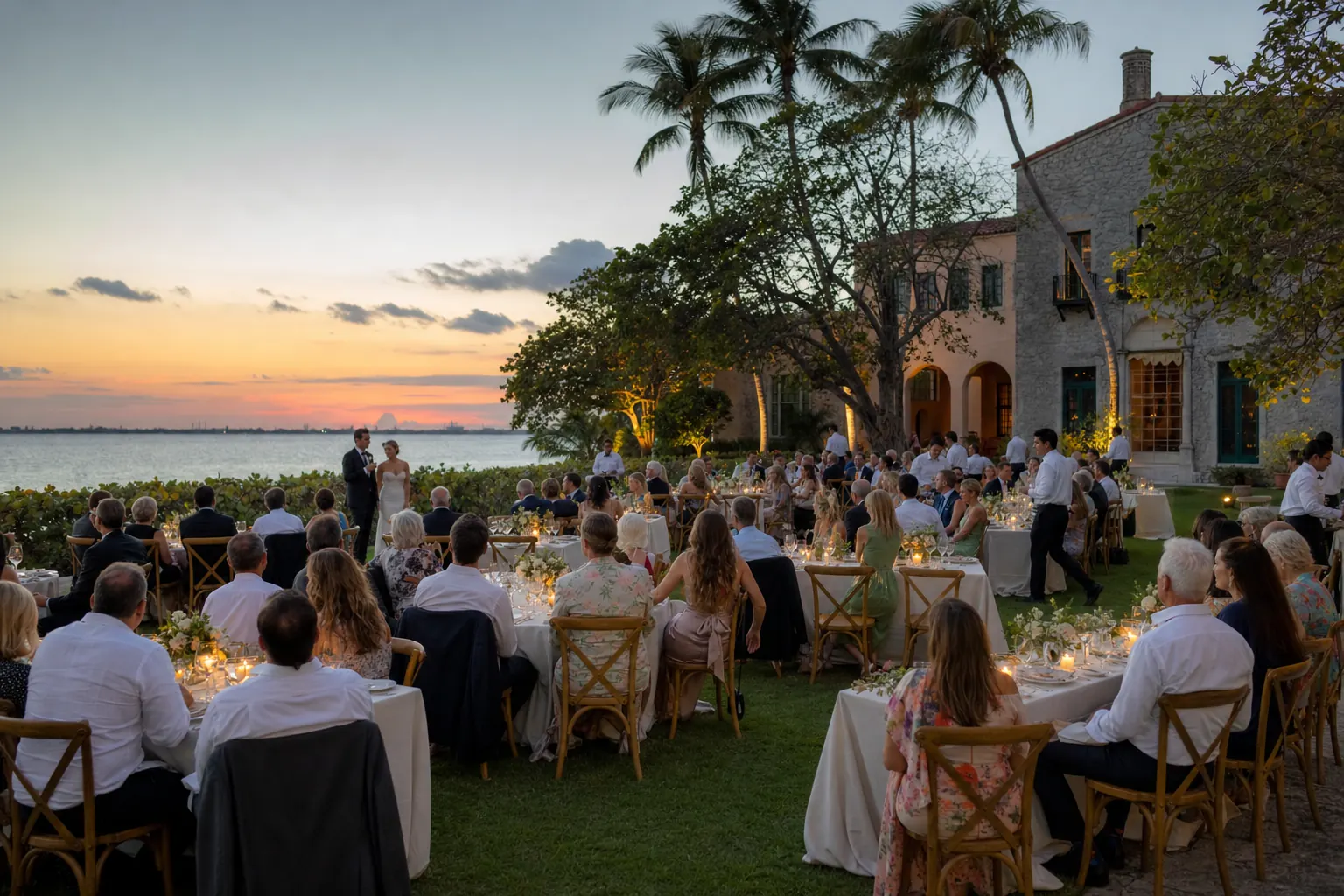 Guests at a candlelit dinner on a bayfront lawn at sunset