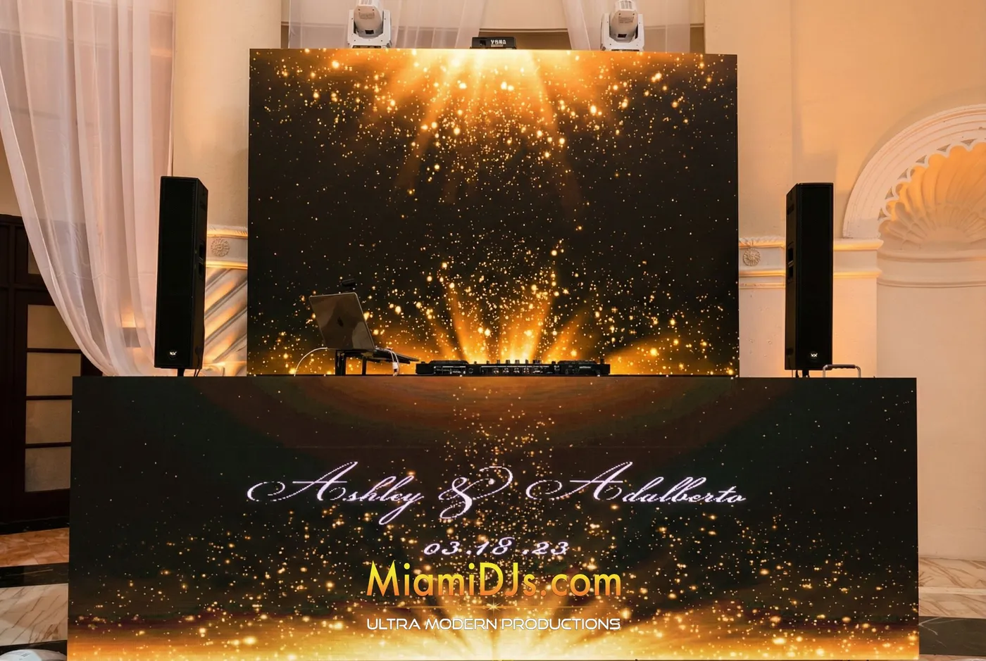 Miami DJs Signature DJ booth with a personalized LED wall at a Miami wedding reception