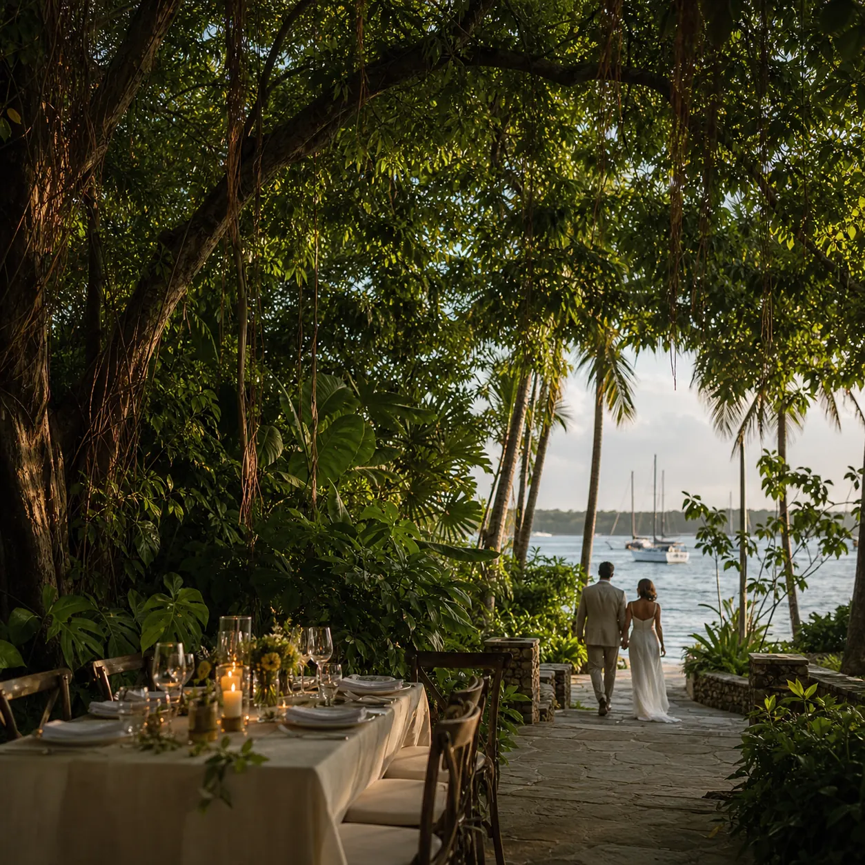 A couple walking beneath a canopy of trees toward the bay in Coconut Grove