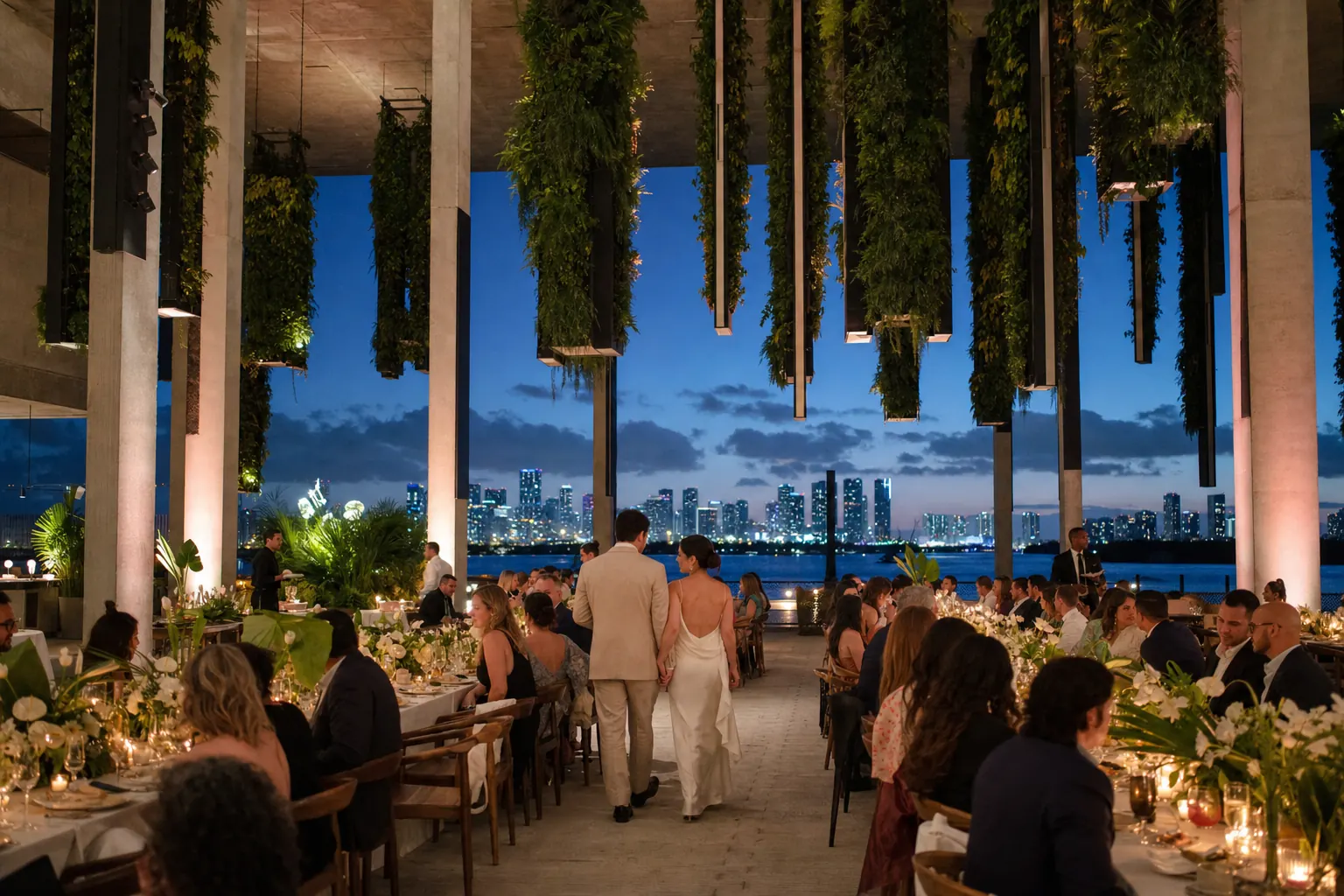 A long candlelit dinner under hanging gardens with the downtown Miami skyline at night