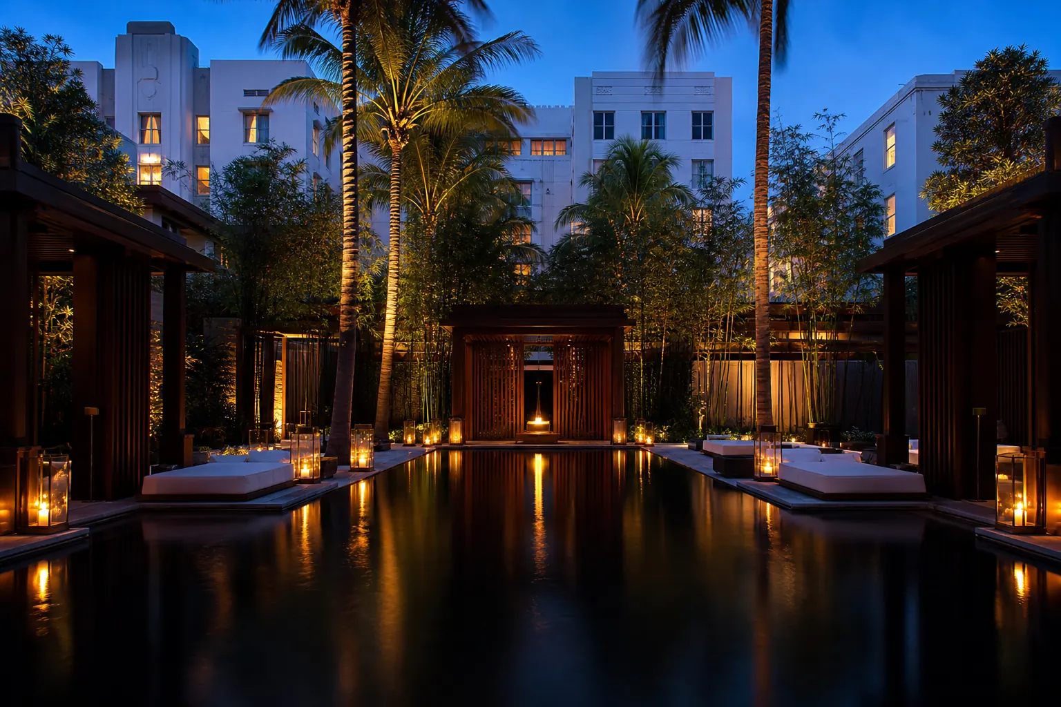 A candlelit reflecting pool in an art-deco courtyard on Miami Beach at dusk