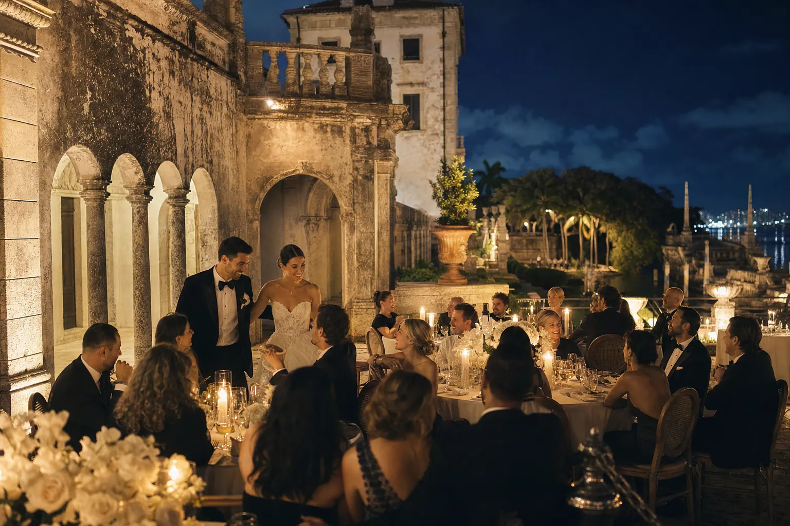 A couple dancing in a candlelit stone courtyard at night